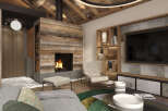 Experience the warmth of a cozy living space with a rustic fireplace and wooden accents.