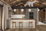 Experience rustic elegance in this stunning kitchen, featuring a cozy breakfast bar with stylish stools.