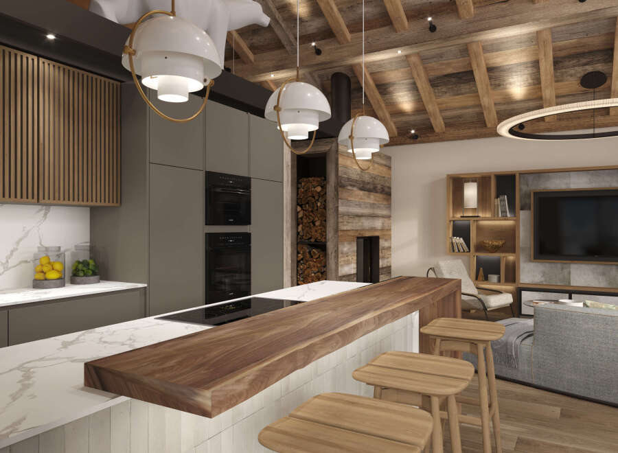 Experience luxury living in this stunning property, featuring a modern kitchen with sleek appliances and a spacious island.