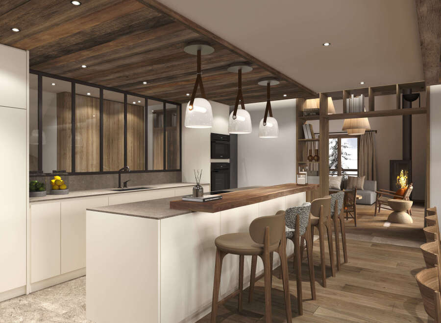 Experience luxury living in this stunning property, featuring a modern kitchen with sleek countertops and stylish bar stools.