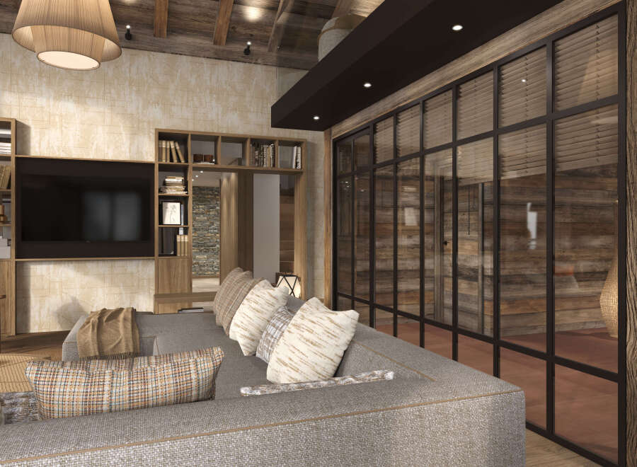 This stunning living space boasts a modern design with rustic elements.