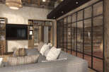This stunning living space boasts a modern design with rustic elements.