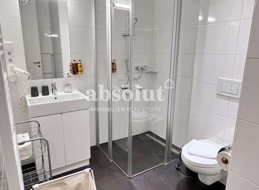 Discover a modern bathroom with a sleek shower enclosure.