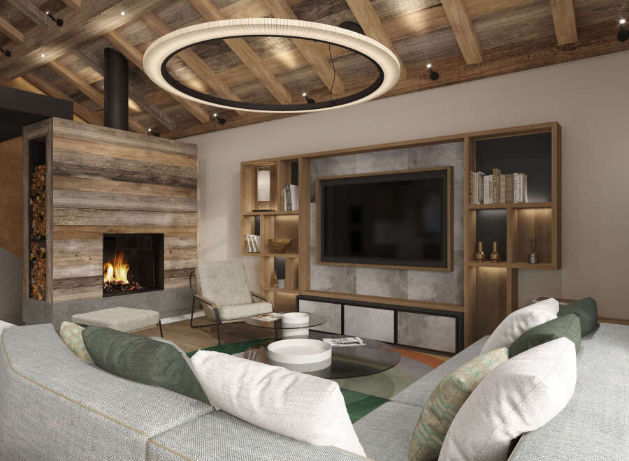 Experience luxury living in this stunning property featuring a cozy fireplace and a modern entertainment center.