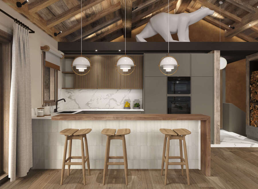 Experience rustic elegance in this stunning kitchen, featuring a cozy breakfast bar with stylish stools.