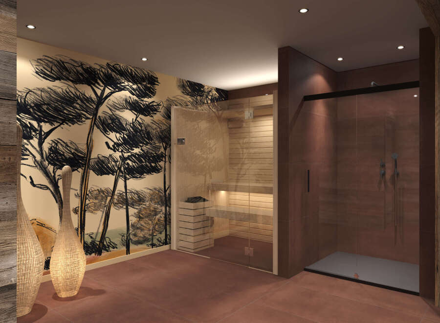 This luxurious spa-like bathroom features a modern sauna and a separate shower area.