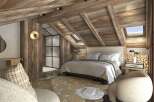 Experience rustic luxury in this stunning bedroom, featuring a beautifully crafted wooden ceiling and walls.