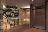 This luxurious spa-like bathroom features a modern sauna and a separate shower area.