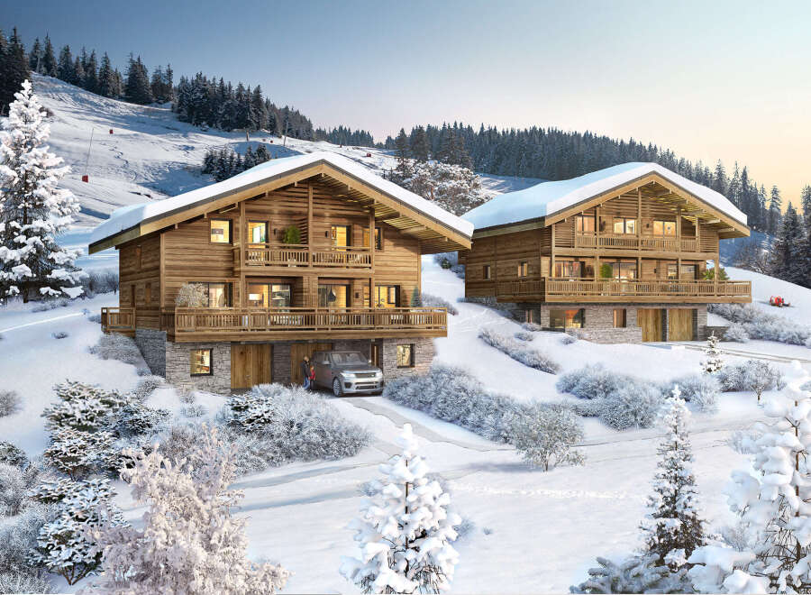 Experience the ultimate winter escape in these stunning wooden chalets nestled in a snowy landscape.