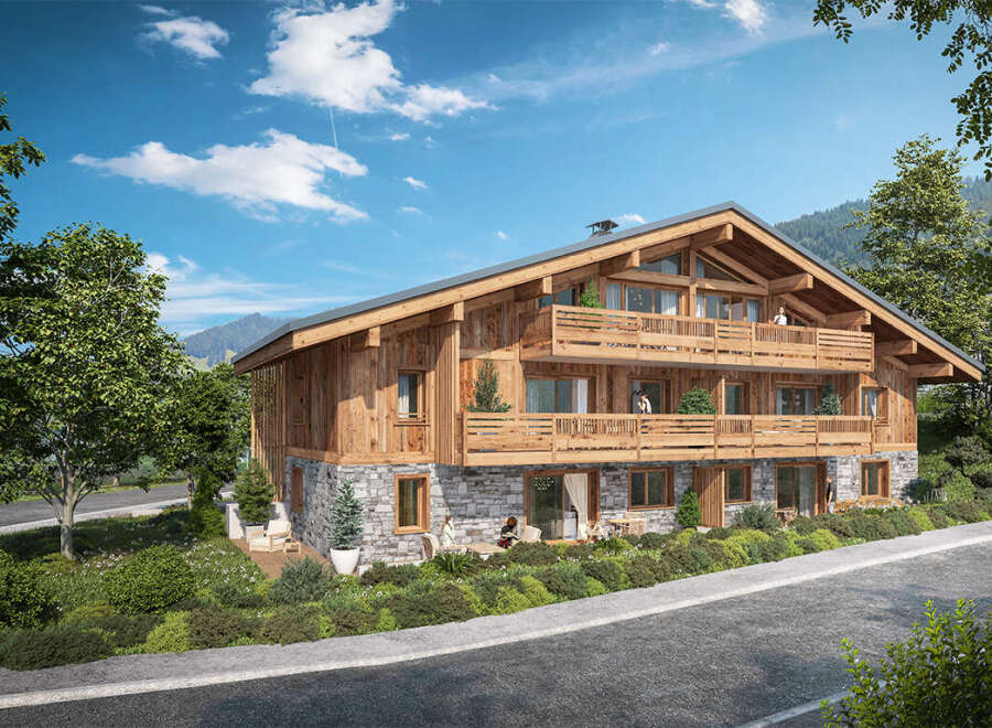 This stunning chalet boasts a beautiful wooden exterior, multiple balconies offering breathtaking mountain views, and a stone base that adds a touch of rustic elegance.