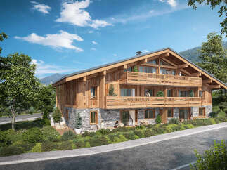 This stunning chalet boasts a beautiful wooden exterior, complemented by stone accents, creating a charming alpine aesthetic.
