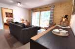 This stunning apartment boasts a spacious living area with floor-to-ceiling windows offering breathtaking views of the surrounding forest.