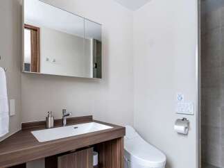 This modern bathroom boasts a sleek, dark wood vanity with a built-in sink and ample storage.