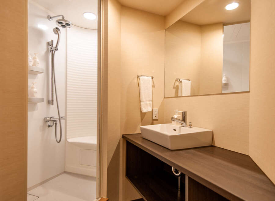 This modern bathroom boasts a sleek, built-in shower with ample shelving for toiletries and a stylish vanity with a contemporary sink.