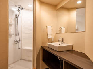 This modern bathroom boasts a sleek, built-in shower with ample shelving for toiletries and a stylish vanity with a contemporary sink.