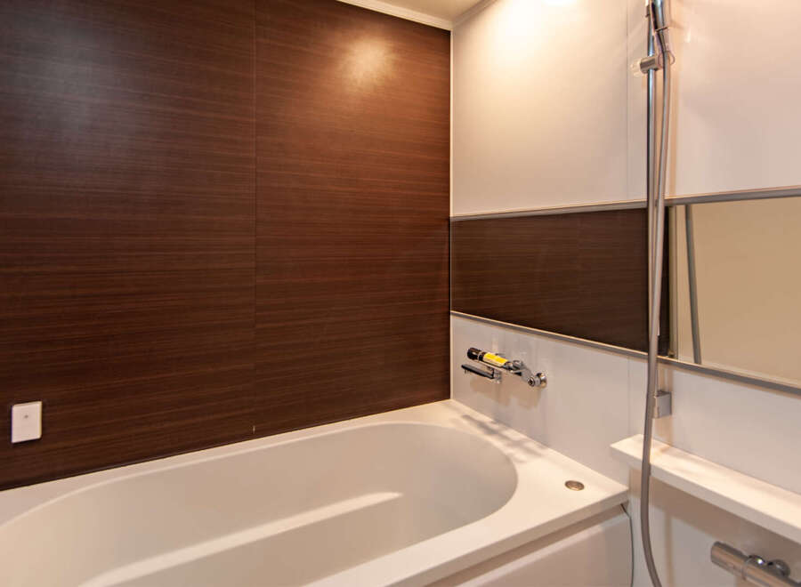 This modern bathroom boasts a sleek, built-in bathtub with a clean white finish and dark wood paneling for a sophisticated look.