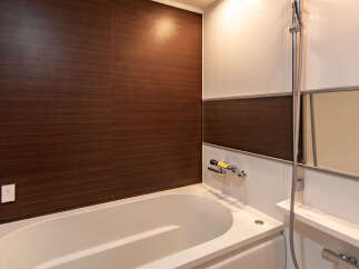 This modern bathroom boasts a sleek, built-in bathtub with a clean white finish and dark wood paneling for a sophisticated look.