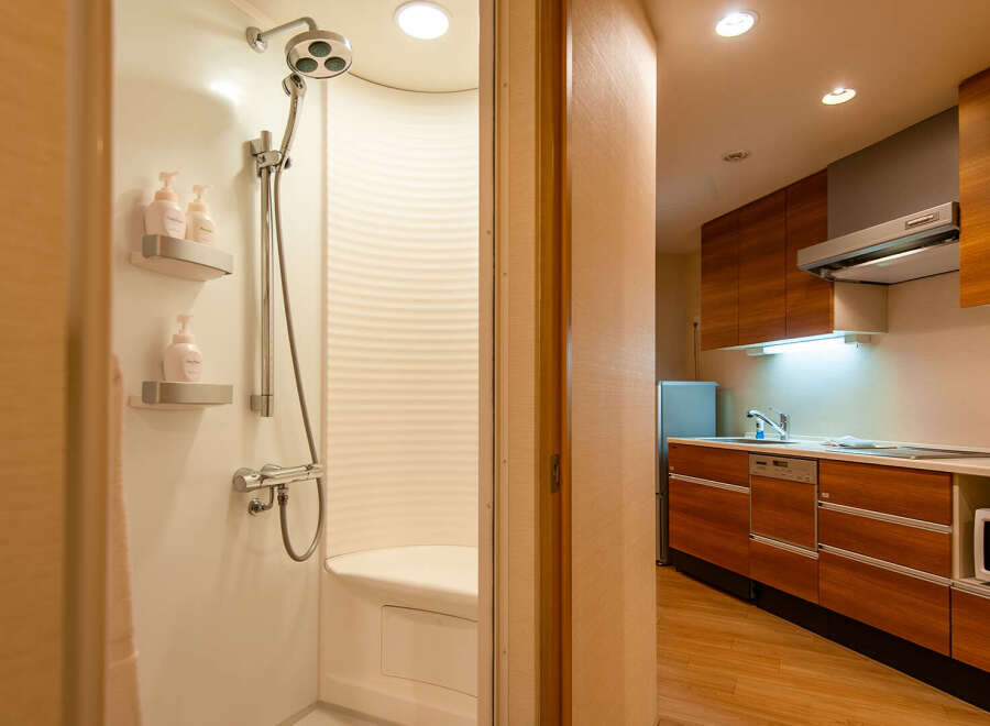 This modern apartment boasts a compact yet functional kitchen with wood cabinets, complete with a microwave and dishwasher.