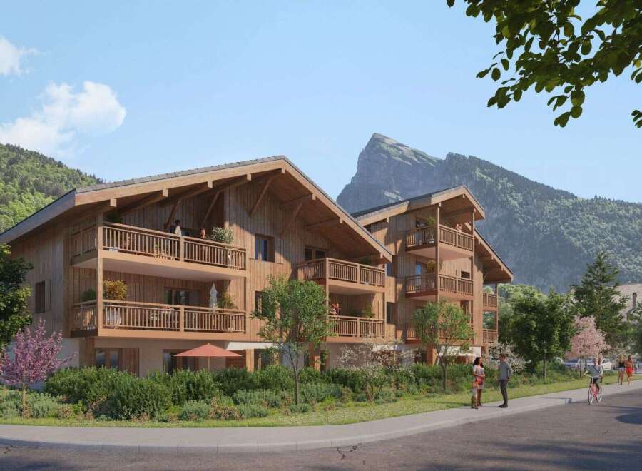 Experience mountain living in this stunning wooden apartment building, featuring spacious balconies with breathtaking views.