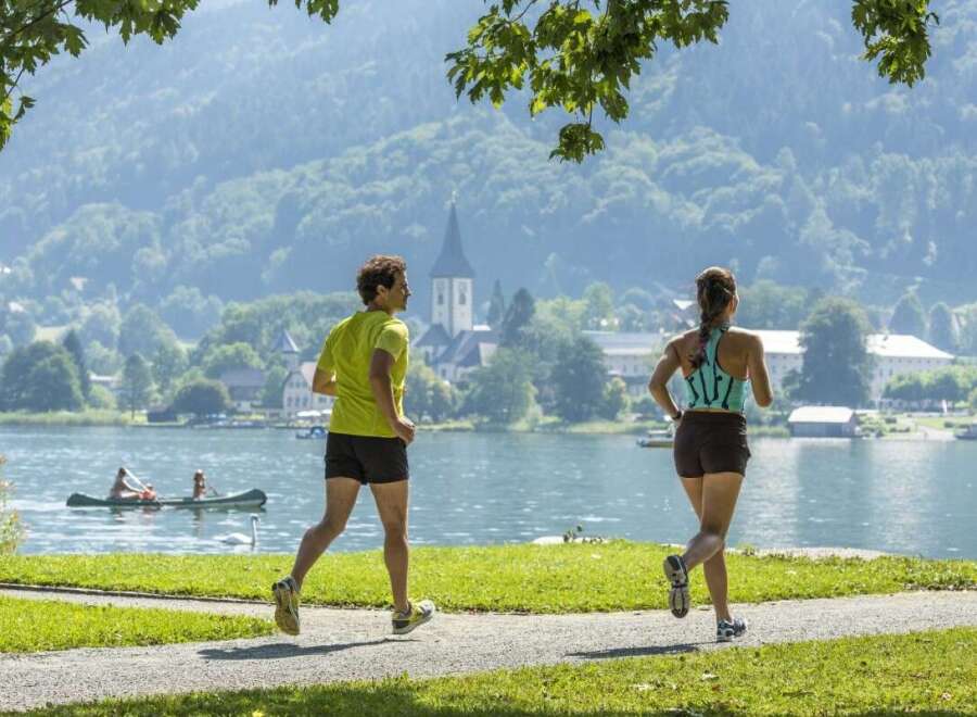 Enjoy a scenic run along the lake with stunning mountain views.