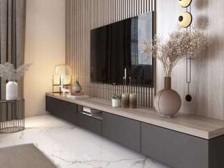 This modern living room features a sleek, floating TV console with ample storage.