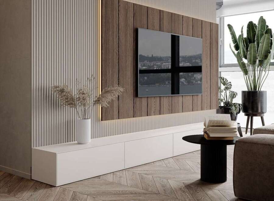 This stunning living room showcases a modern design with a focus on natural elements.