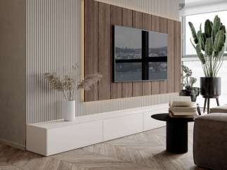 This stunning living room showcases a modern design with a focus on natural elements.