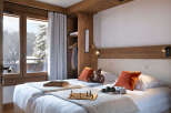 Cozy twin bedroom with mountain views, featuring a wooden headboard, plush bedding, and a built-in wardrobe.