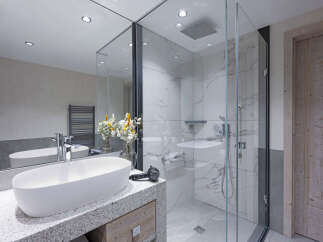 This luxurious bathroom boasts a spacious walk-in shower with glass enclosure and marble tile, complemented by a sleek granite countertop vanity with an oval sink.