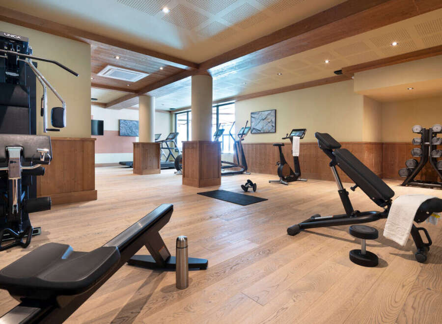 This stunning gym boasts state-of-the-art equipment, including treadmills, ellipticals, stationary bikes, and weight machines, all set against a backdrop of rich wood paneling and a light-filled space.
