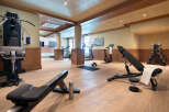 This stunning gym boasts state-of-the-art equipment, including treadmills, ellipticals, stationary bikes, and weight machines, all set against a backdrop of rich wood paneling and a light-filled space.