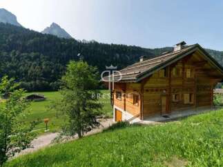 Discover a stunning wooden chalet nestled in a picturesque mountain setting.
