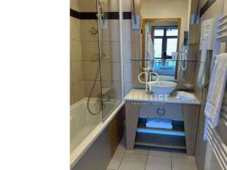 Discover a stylish bathroom featuring a sleek vanity and a modern bathtub.