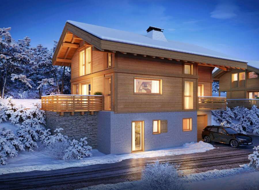 Experience the charm of a cozy wooden chalet nestled in a snowy landscape.