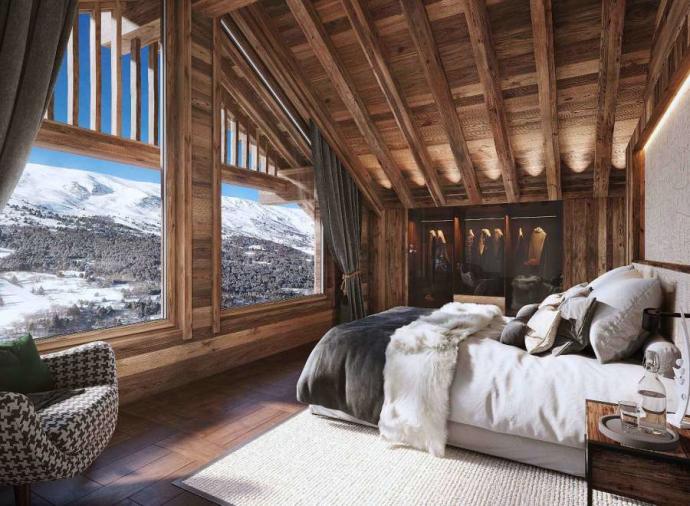 Bedroom with a mountain window view in Meribel, France