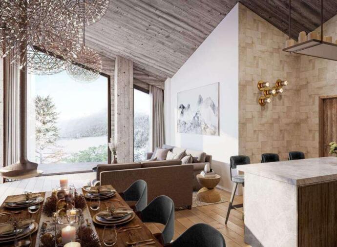 Interior with a window view to the mountains in Courchevel, France