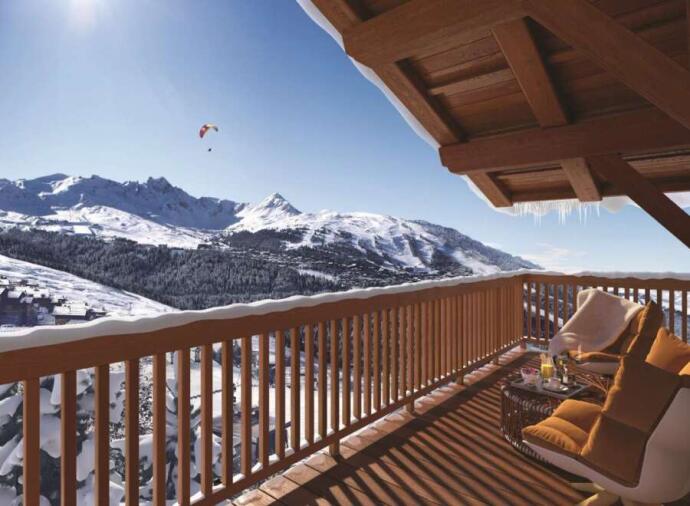 Terrace view of the mountains in Courchevel, France.