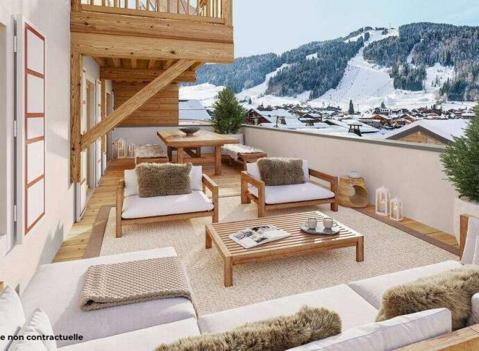 Outside seating area on a terrace in  Morzine, France. 
