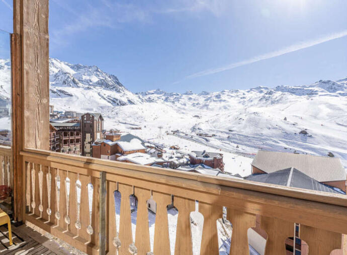 Outside view of the mountains from a ski chalet terrace in Val Thorens, France.