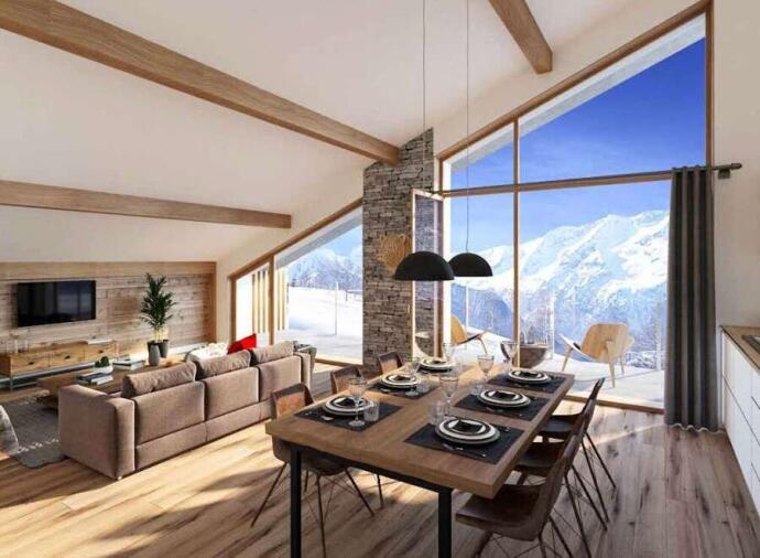 Open living area in a ski property in Alpe d'Huez, France.