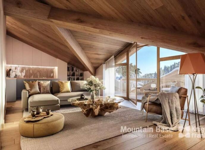 Stylish living room in a ski chalet in Praz de Lys, France. 