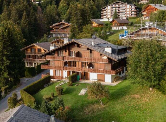 Aerial view of a wooden chalet-style house in a forested mountain area.