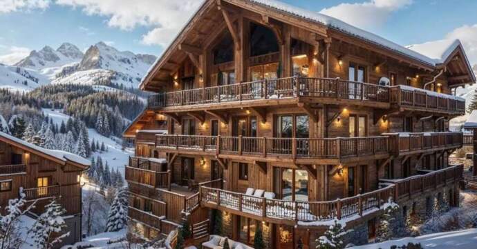 A luxurious wooden chalet surrounded by snowy mountains and pine trees in a winter landscape.
