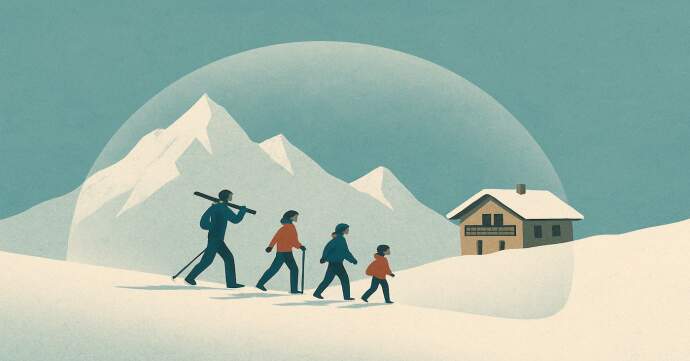 A family of four hikes through a snowy mountain landscape beneath a faint, translucent dome, with a chalet and snowy peaks in the background