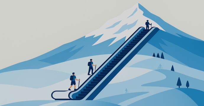 Mountain escalator concept illustrating ski resorts moving to higher altitudes due to climate change