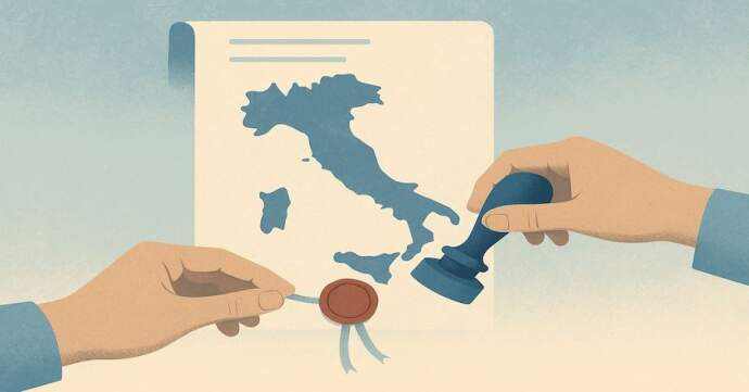 Hands sealing Italy on a legal document, symbolising property purchase process