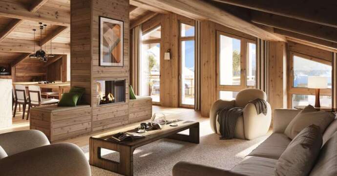 Modern ski chalet interior with exposed wooden beams, large windows overlooking mountains, neutral furniture and built-in fireplace