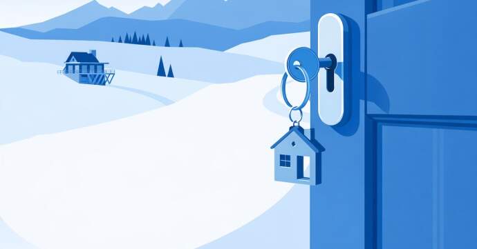 Key in a front door opening onto a snowy alpine landscape