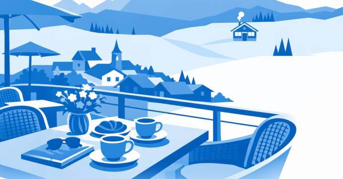 Café table overlooking a quiet alpine village and mountains